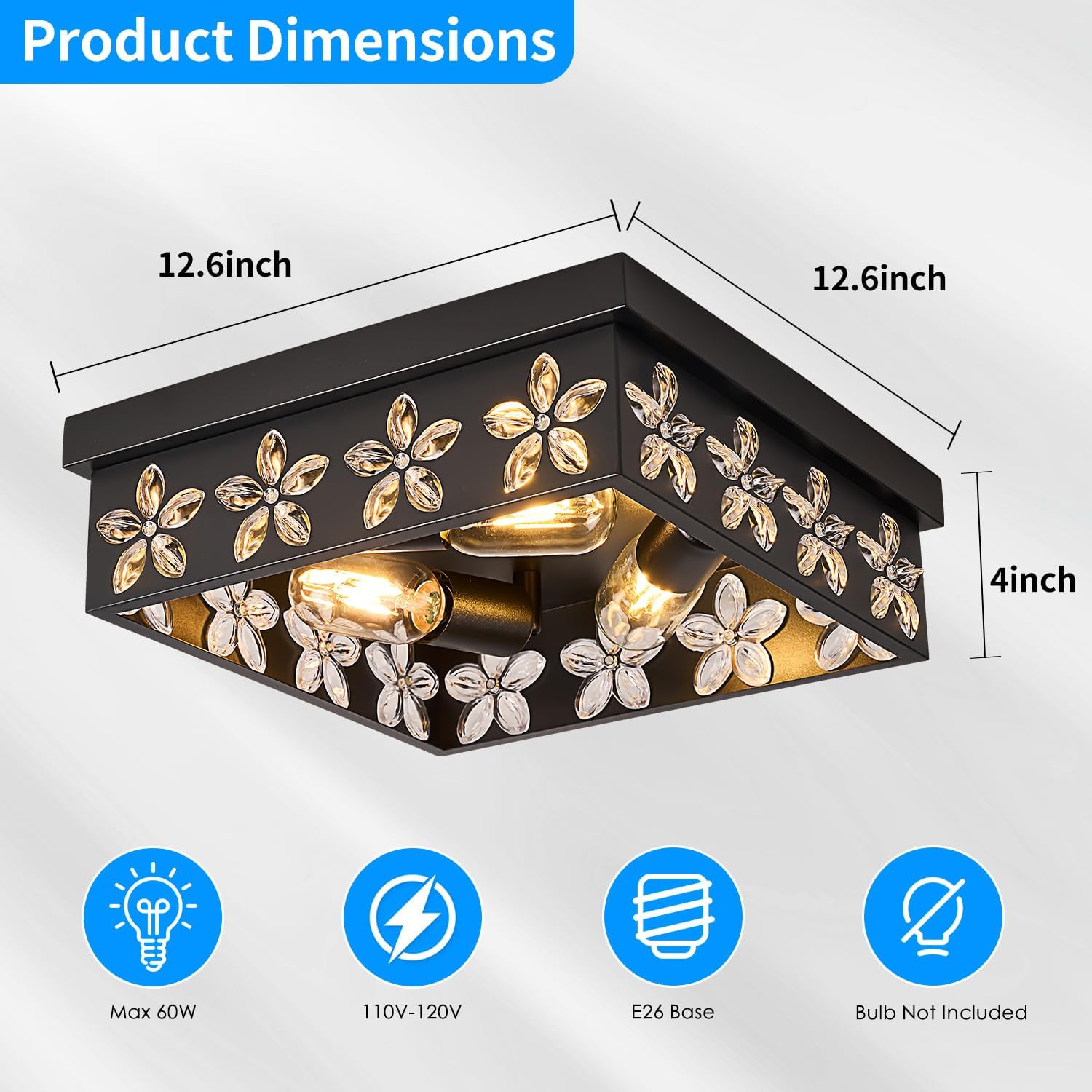 12.6 Inch Flush Mount Ceiling Light Fixtures, 3-Light Black Ceiling Mount for Industrial, ALEC Crystal Light Fixtures for Farmhouse, Living Room, Bedroom, Kitchen, Foyer and Hallway (2 Pack)