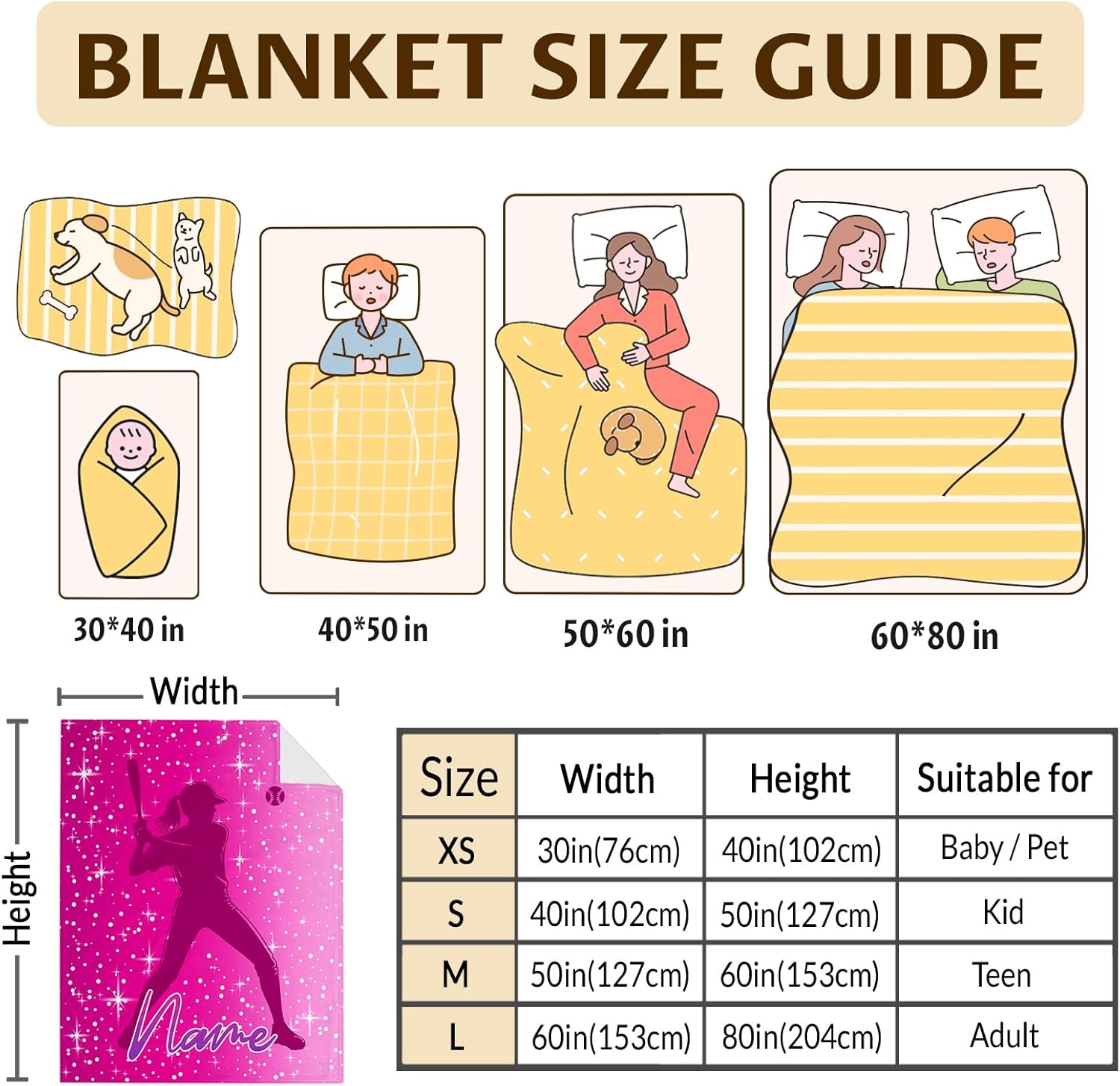 Softball Blanket for Kids Teens 8-12, Personalized 50x60 Inches Comfy Comfort Softball Blankets and Throws with Name for Bed Couch Living Room