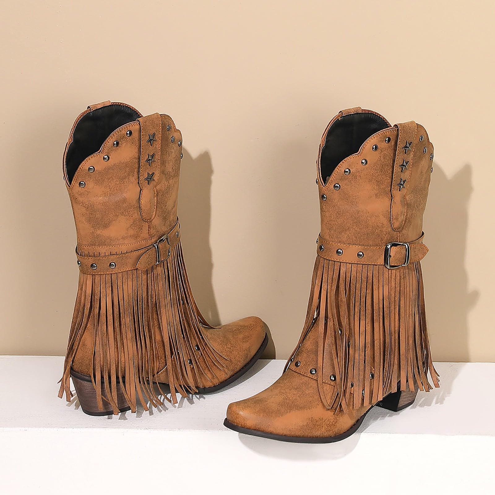 Westernstiefel Damen Cowgirl Cowboy-Stiefel Western Boots Leder Frauen Schuhe Bequeme Elegante Halblange Stiefel Mit Absatz