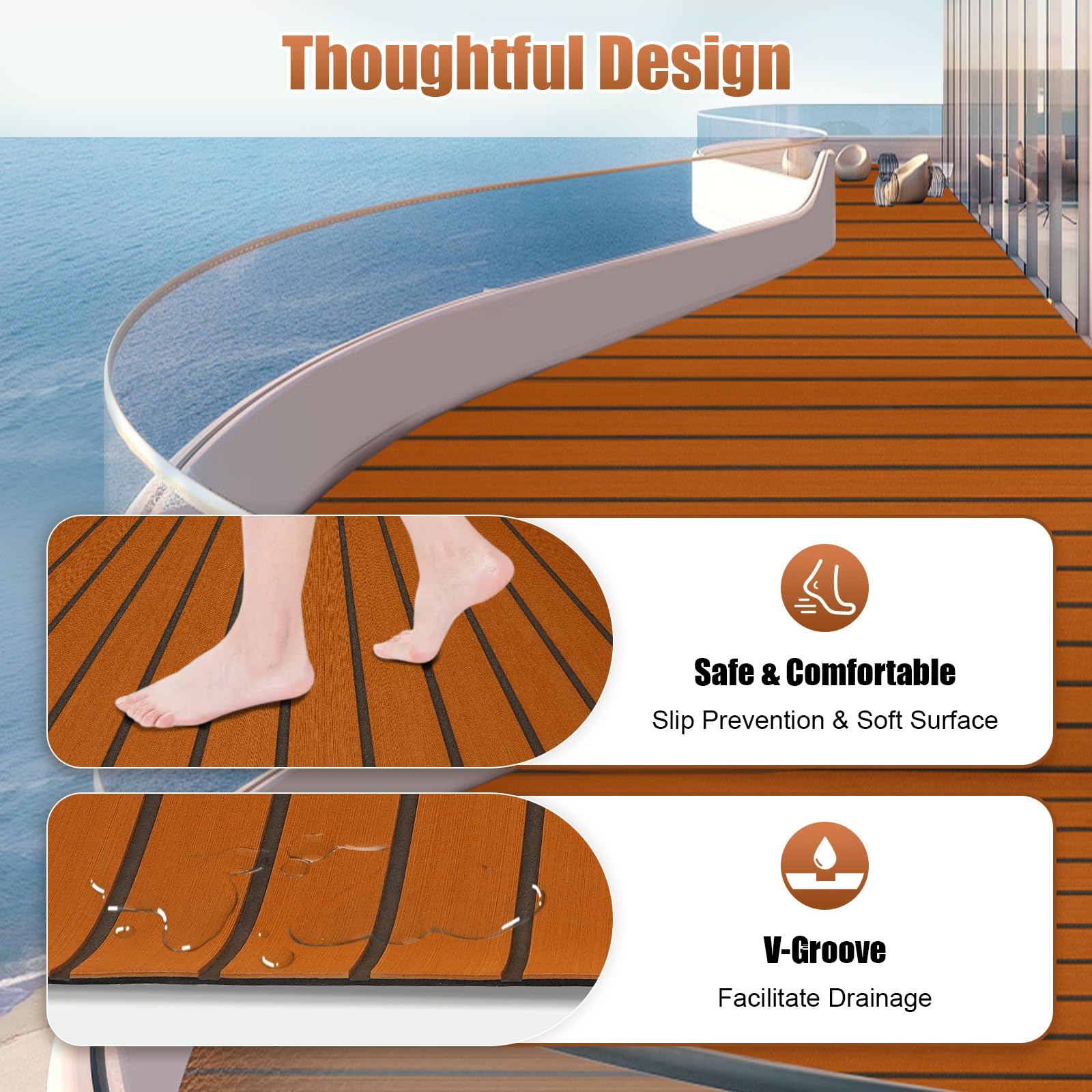 Revestimiento de suelo de barco de espuma EVA autoadhesivo, 269 x 89 cm, revestimiento para barcos con aspecto de teca de 6 mm, antideslizante, alfombrilla para cortar para yate, autocaravana