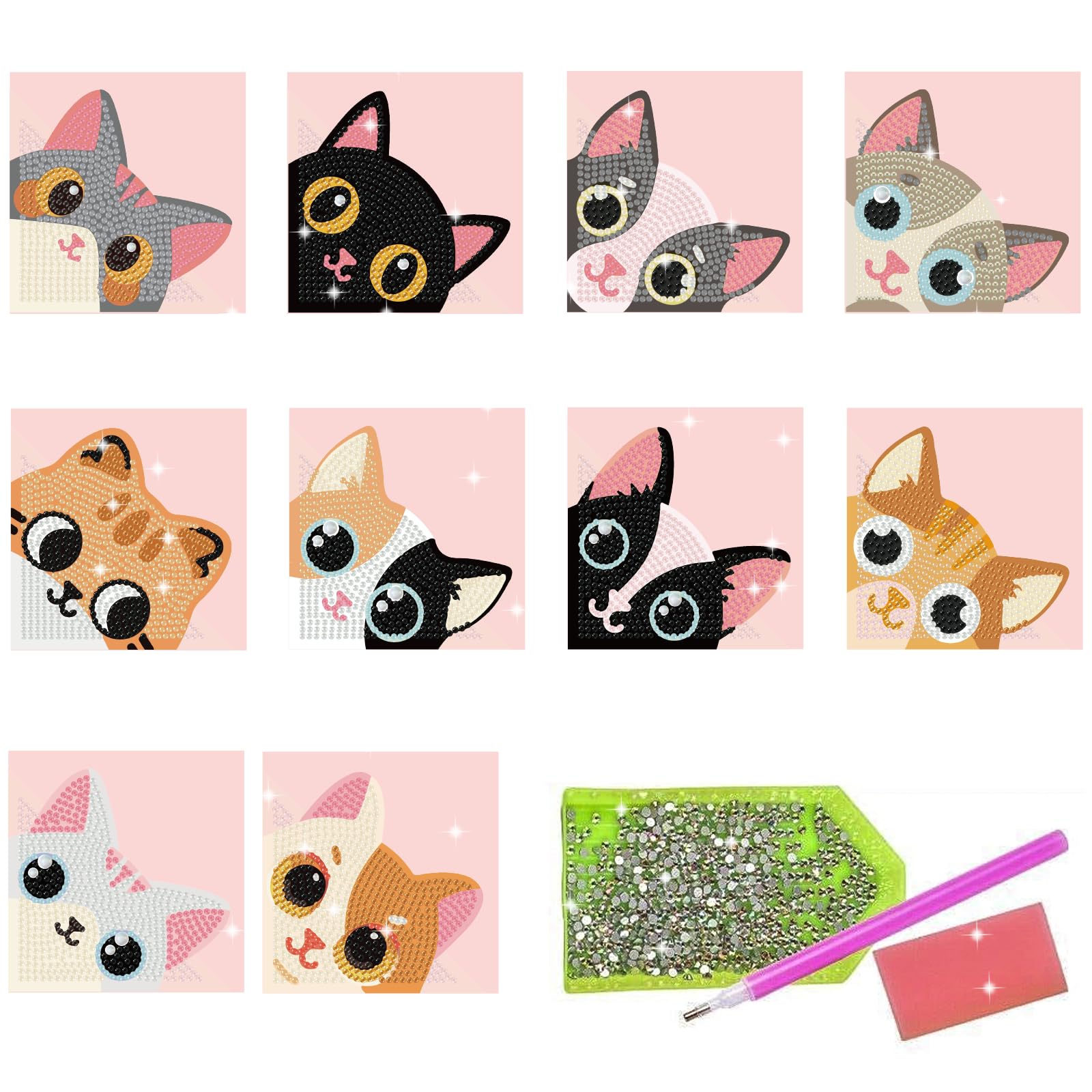beinkmake 10Pcs Cute Cat 5D Diamond Art Bookmarks Diamond DIY Painting Corner Bookmarks Kitty Rhinestones Beaded Crystal Bookmark Kits for Book Lovers Beginner Adult Crafts
