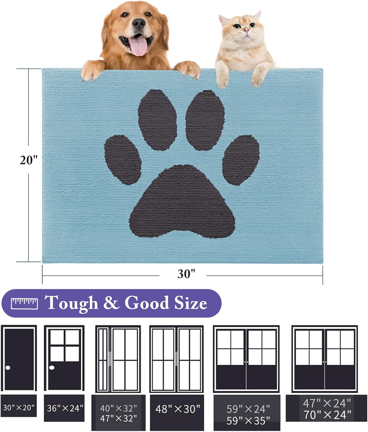 Buganda Dog Door Mat for Muddy Paws, Absorbent Dirt Trapper Non Slip Indoor Doormats, Washable Low-Profile Mat for Mud Dogs, Entryway Carpet for Inside Floor (30x20 Inches, Blue) - Image 2