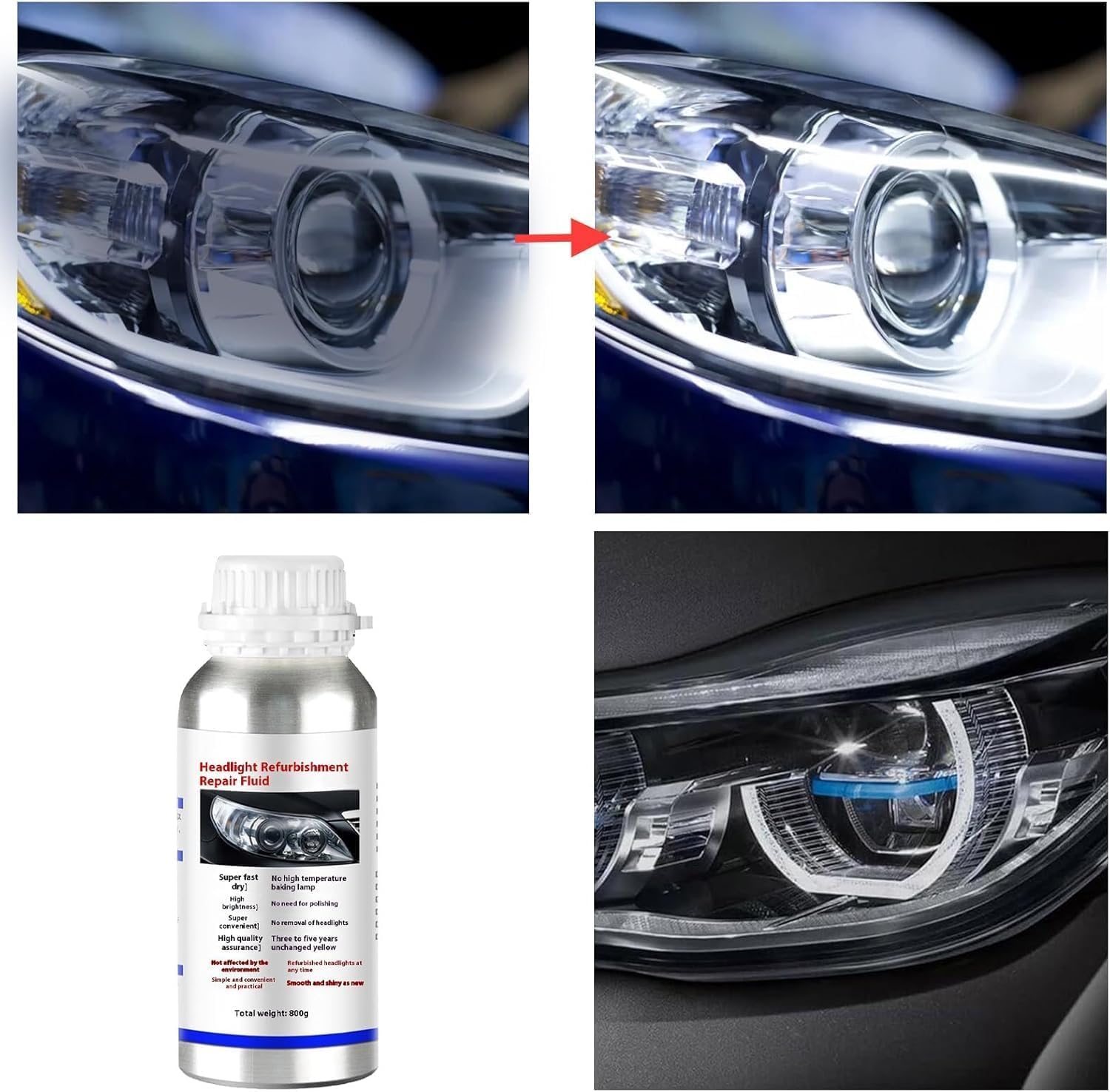 Rénovateur de phares de Voiture 800 ML, Liquide de Restauration de phares, nettoyant Opaque pour phares de Voiture, Liquide de Restauration de phares