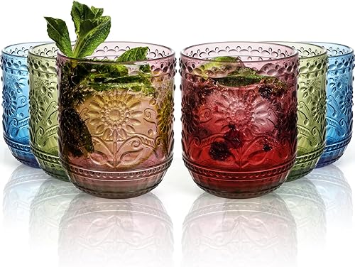 Vasos de vidrio, juego de 6 vasos de vidrio vintage, cristalería de colores de 12 onzas con diseño de girasol, vasos decorativos florales en relieve
