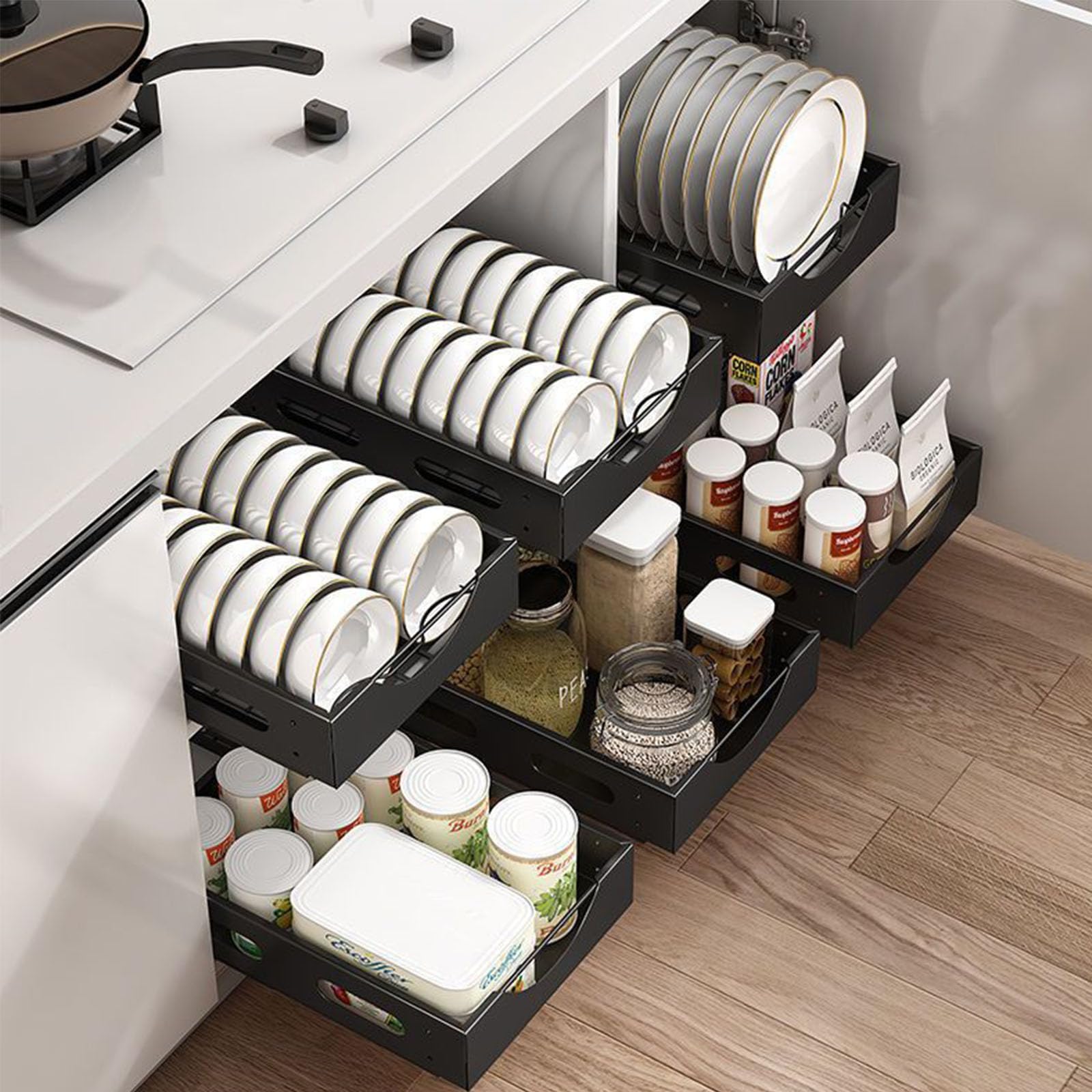 Kitchen Storage Organizer, No Punching Heavy Duty Pull Out Cabinet Drawer Under Cabinet Placing Dishes, Spices or Loose Items and keeping Them Neat or Drained (Black Dish Rack)