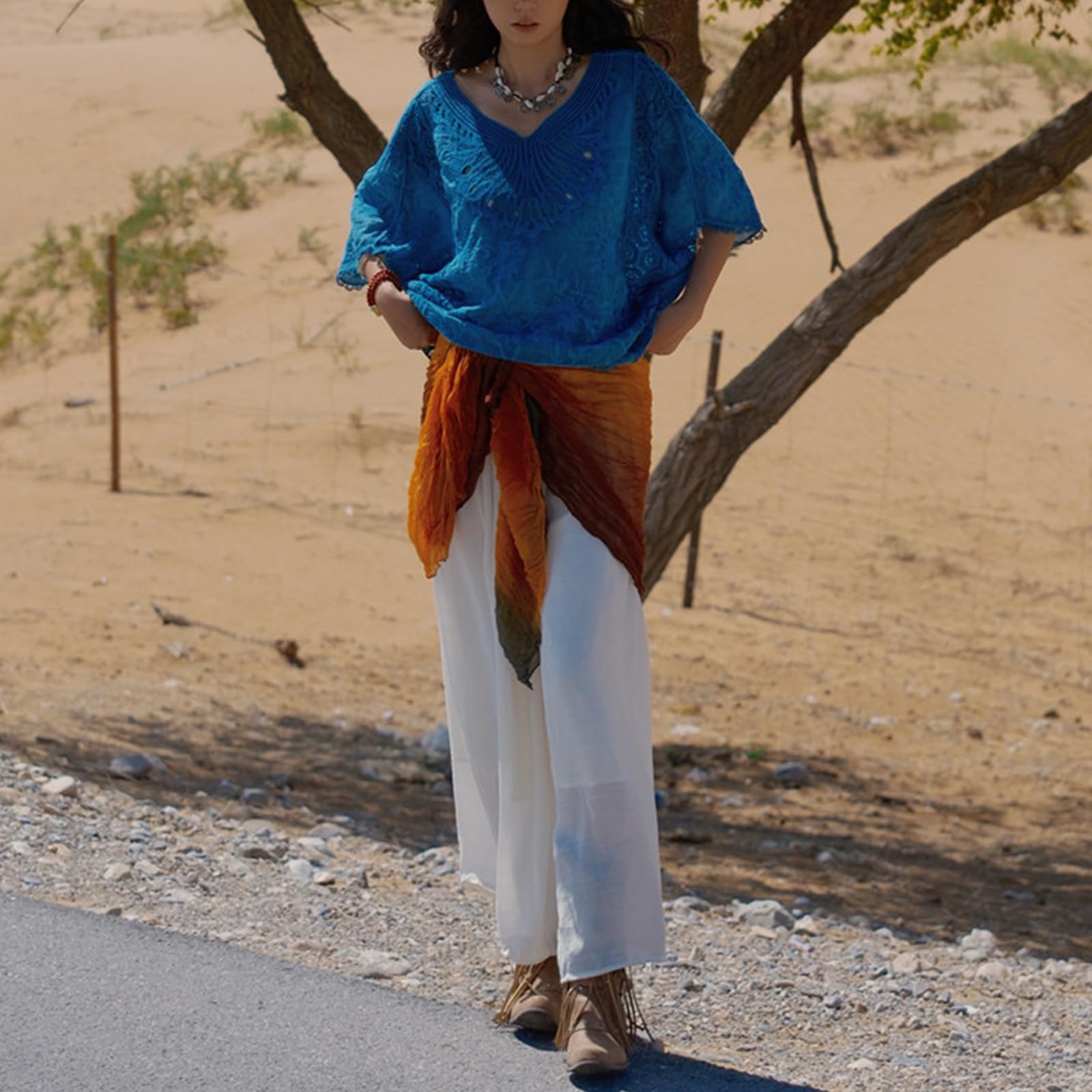 Top Estivo da Donna A Maniche Corte In Crochet Modello Boho Ampio con Maniche A Pipistrello E Lavorazione Traforata