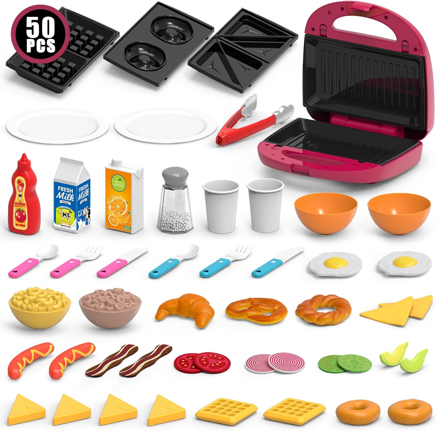 50Pcs Kids Pretend Play Breakfast Food Kitchen Toy Set, Waffle Maker Sandwich Machine with Light Sound and Accessories Include Food, Dishes & Utensil for Role Play Educational Toys for Kids Boys Girls
