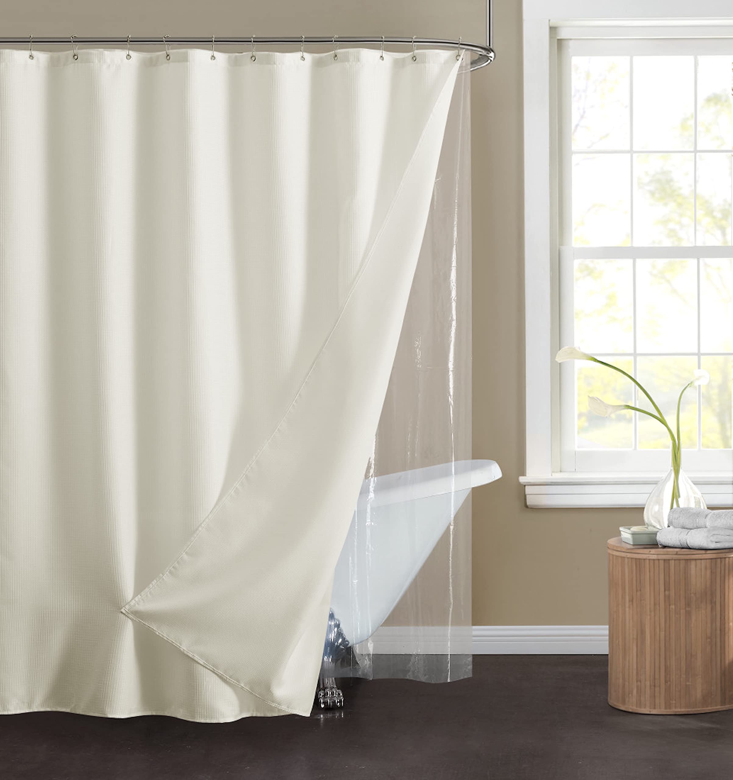 Solid Textured Waffle Shower Curtain Set With Hooks and Shower Liner - Ivory 70" x 72" - Water Resistant Polyester Blend, Washable Shower Curtain - Perfect Cloth Shower Curtain for Stylish Bathrooms