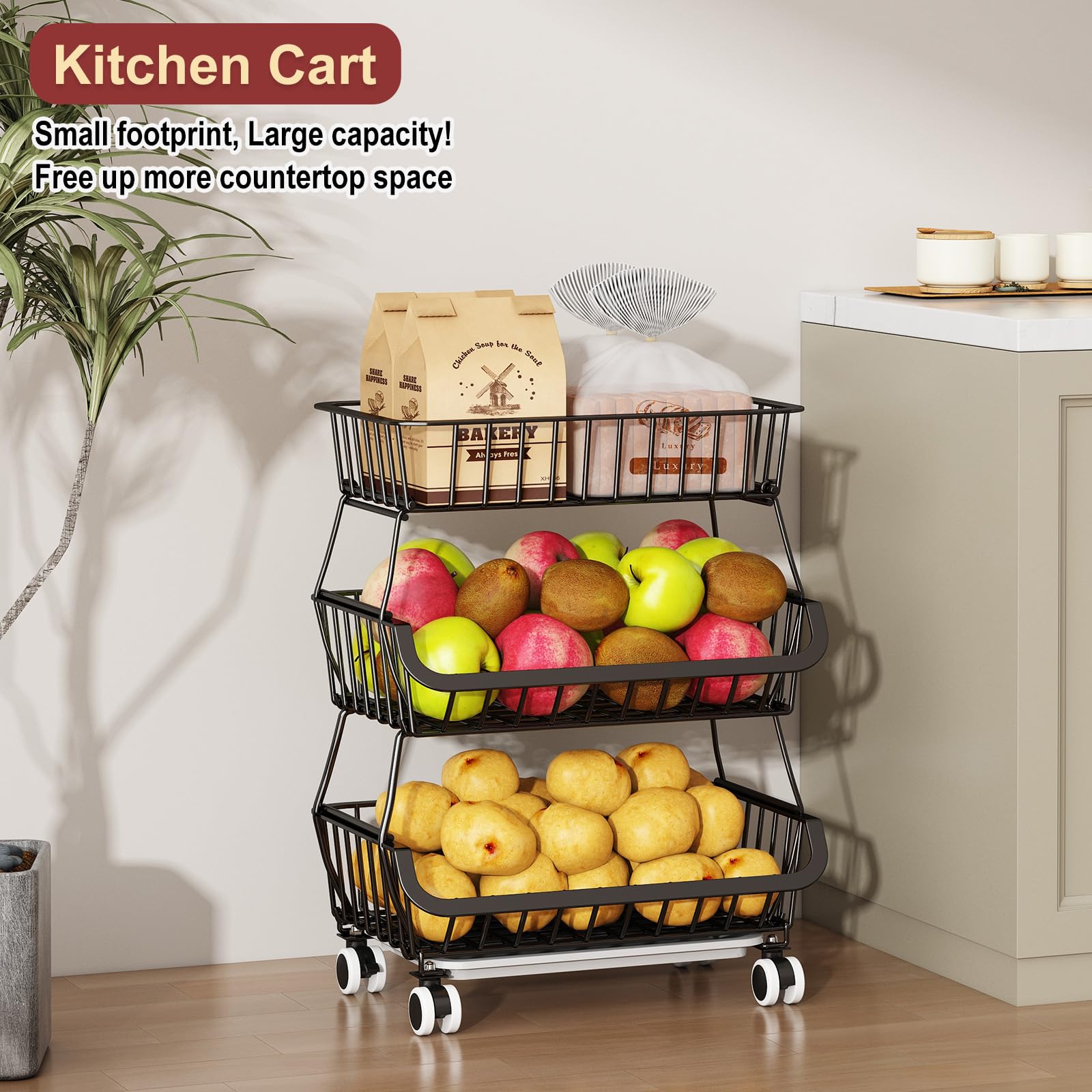 Carrito de despensa rodante de 3 niveles con ruedas, organizador de piso de almacenamiento de alambre apilable para estantes de cocina, despensa, soporte de cesta de frutas, estante de