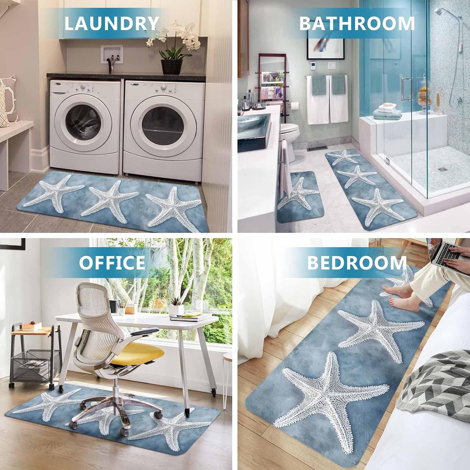 Prime Leader White Starfish Kitchen Mat Set 2 Pieces Summer Ocean Marine Life Dark Blue Non Slip Kitchen Rugs Washable Runner Rug Mats for Floor Sink Laundry Office 19.7" x 31.5"+19.7" x 63"