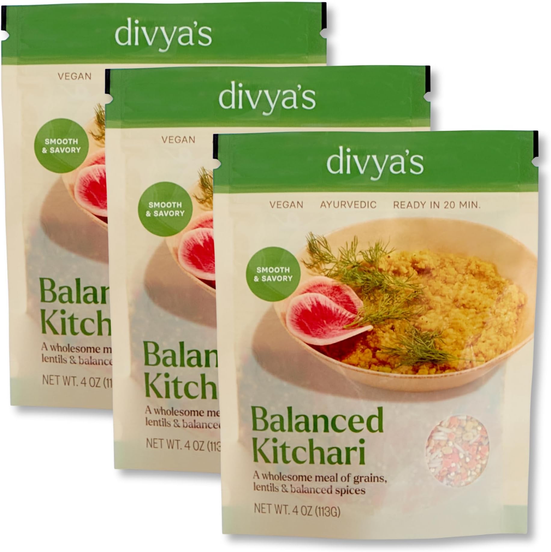 Divya's Balanced Kitchari One Pot Ayurvedic Meal with Organic Basmati Rice, Yellow Mung Dal, Red Lentils & Indian Spices - Vegan, Gluten-Free, Non-GMO Kitchari Spice Mix Organic Single Serving 3 Pack