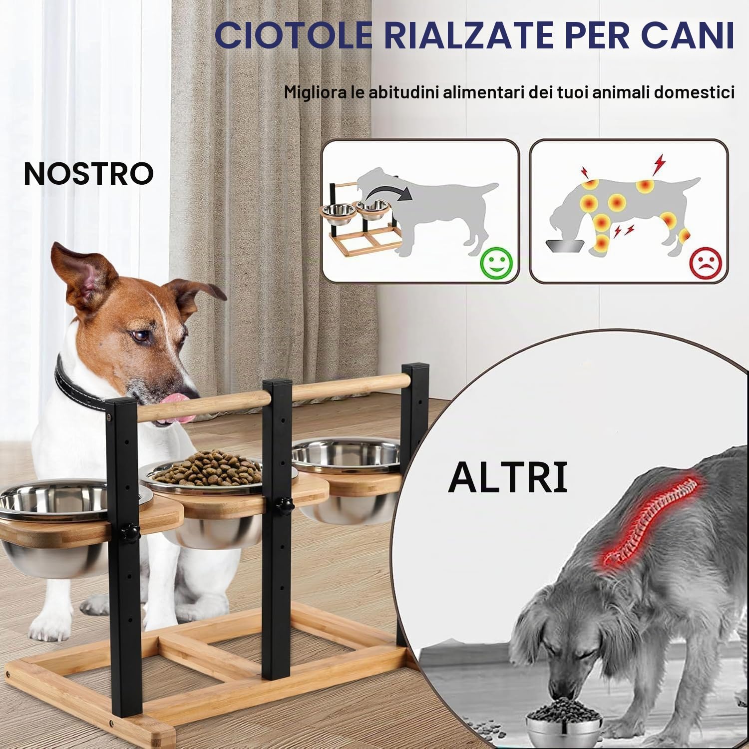 Ciotola per cani rialzata, 5 altezze regolabili con 3 ciotole in acciaio inox da 1400 ml e legno rialzato per cani di taglia grande