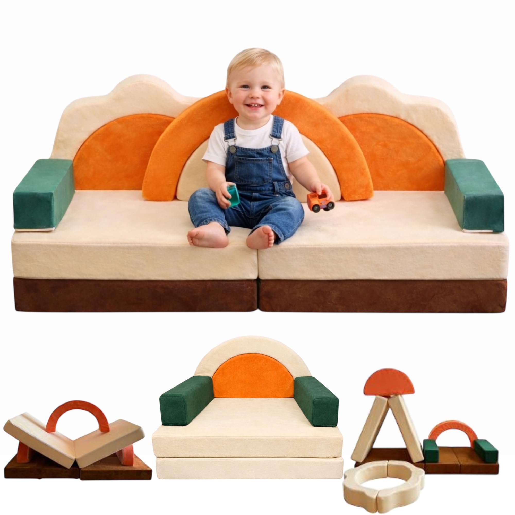 11-teiliges Kindersofa klappbar – Spielsofa modular ab 1 Jahr | Montessori Sofa in Grün & Orange | Bodensofa & Schlafsessel für Kinder