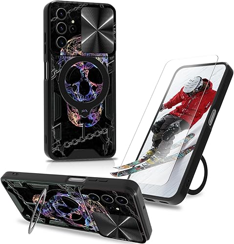 Funda para Samsung Galaxy S22 Ultra Kickstand con protector de pantalla, cubierta deslizante para cámara integrada con soporte de anillo giratorio