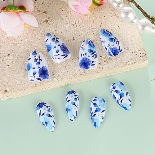 Miniatura 2 de Uñas postizas a presión, uñas postizas cortas de porcelana azul y blanca, uñas acrílicas de cobertura completa, uñas adhesivas brillantes, uñas