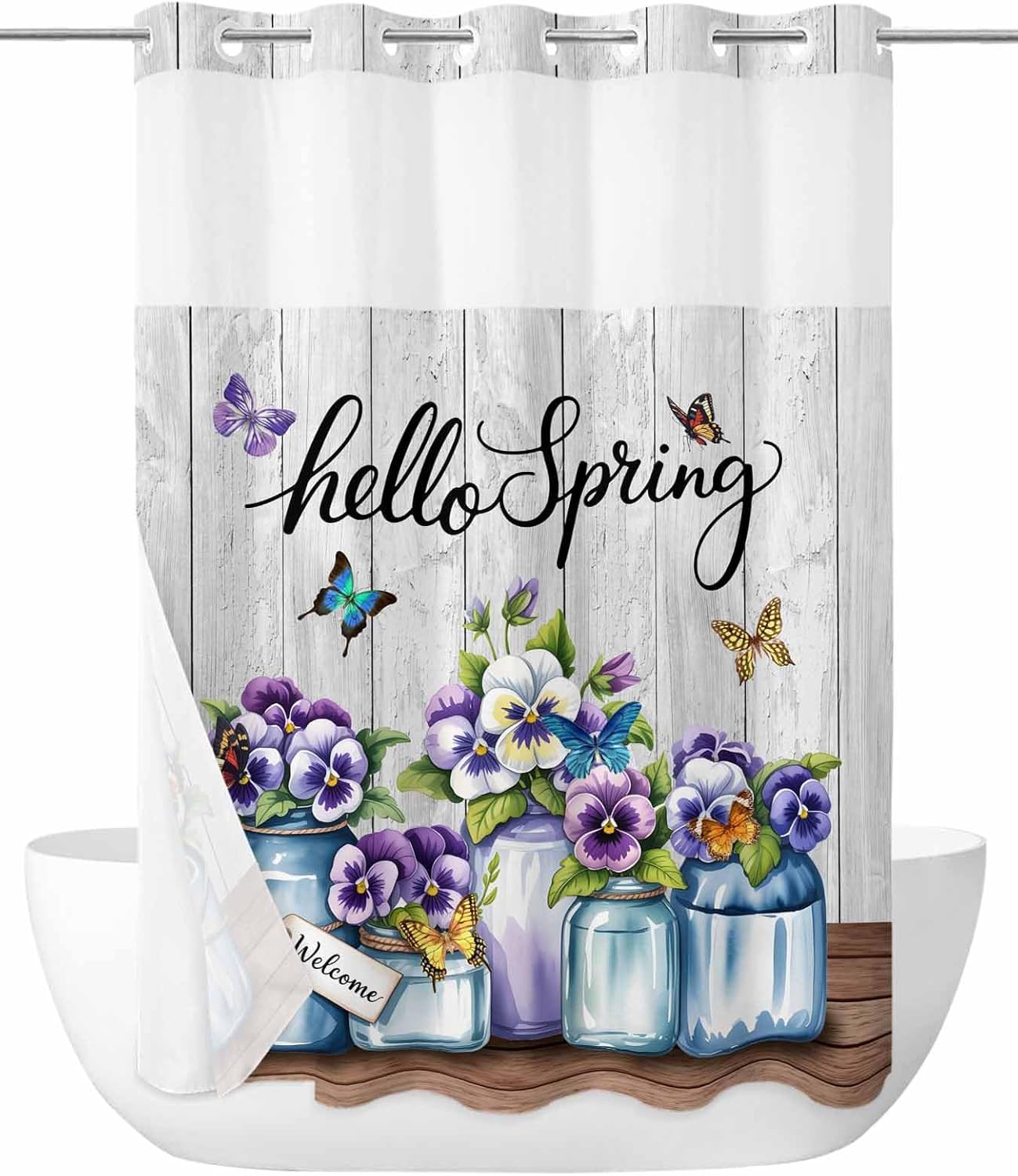 Hello Spring No Hook Shower Curtain and Liner Set Purple Flowers in The Jug Butterfly Farm Wood Grain Snap in Shower Curtains Waterproof Bath Curtain with See Through Top Window Liner Set 60" x 72"