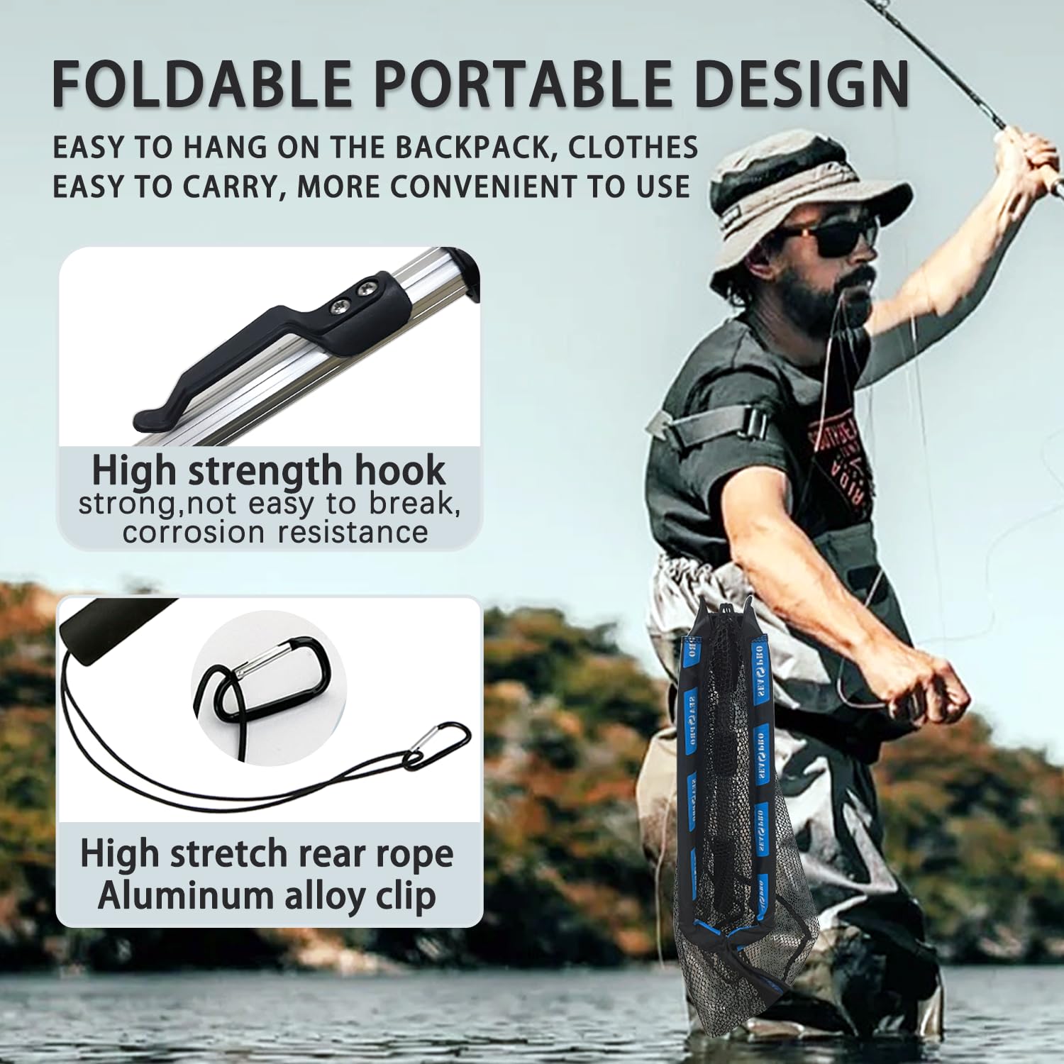 SEASPRO (Black + Silver ) Fishing Net Fish Landing Net, Foldable Collapsible Telescopic Pole Handle, Durable Material Mesh (Polyester Fiber net + Bait) : Sports & Outdoors
