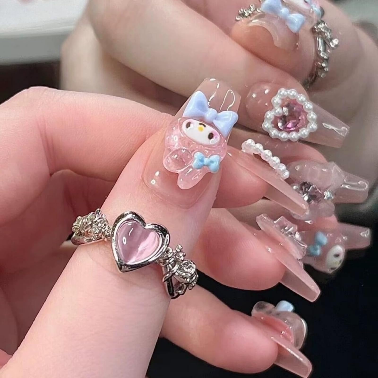 Uñas acrílicas gruesas a presión, hechas a mano, uñas largas cuadradas, perlas brillantes, kit de uñas postizas kawaii, reutilizables, 10 uñas tamaño M, #949, 949 (mediano)