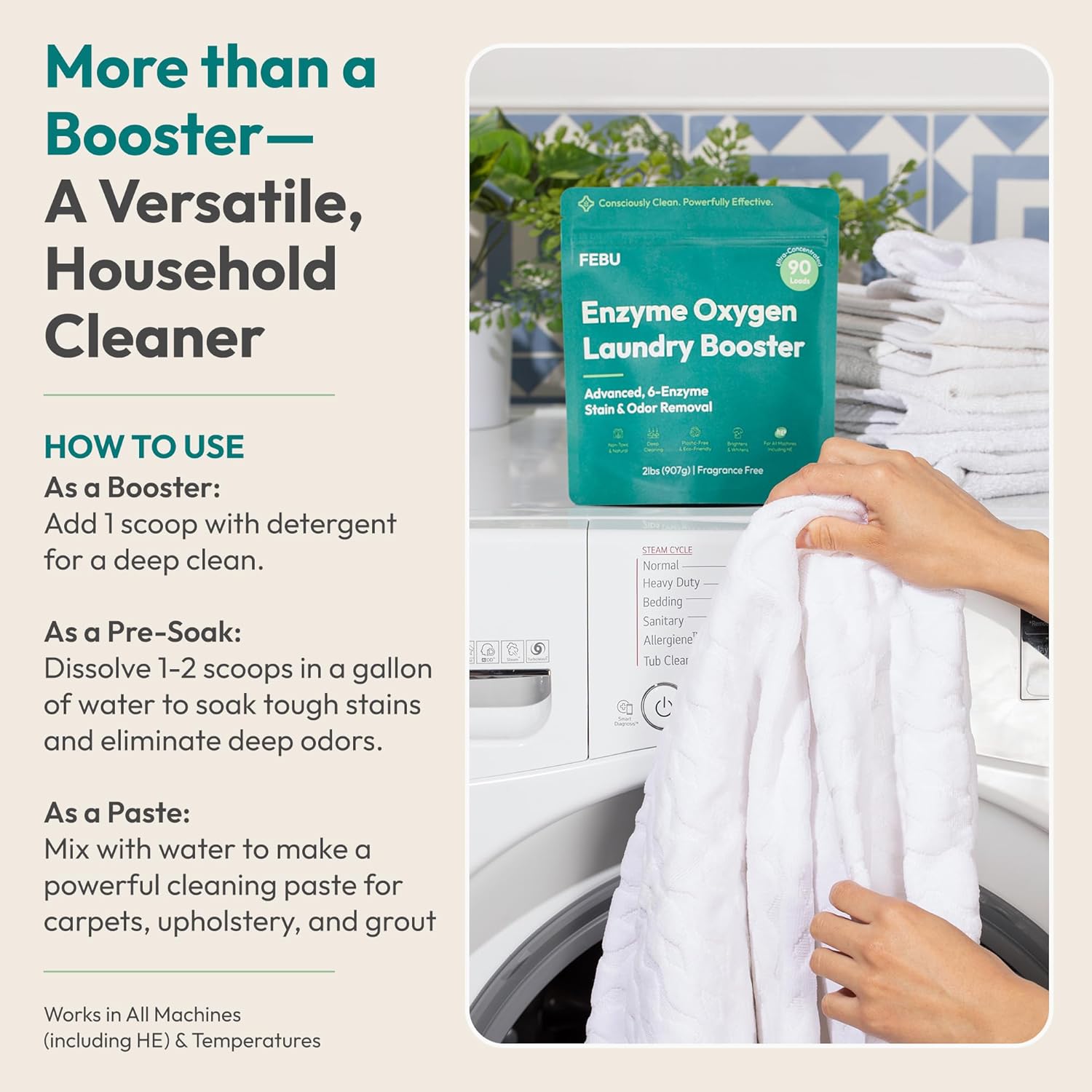 FEBU Enzyme Oxygen Laundry Booster, Odor Eliminator & Stain Remover | Advanced 6-Enzyme Formula for Sweat, Pet & Musty Odors | Plant-Based, Safe, Plastic-Free Powder, USA-Made | Fragrance Free, 2lbs - Image 6