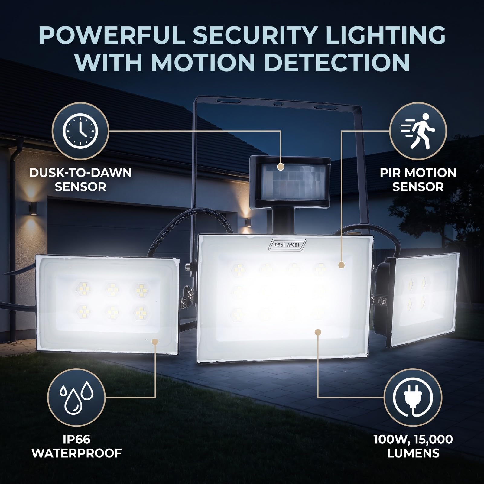 Fafeicy Czujnik Ruchu PIR Reflektor LED IP66 100W 15000LM | Oświetlenie Zewnętrzne od Zmierzchu do świtu z Pilotem do Kontroli Parkingu na Podwórku