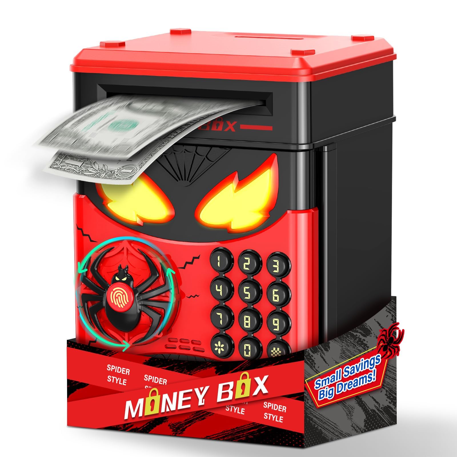 Vubkkty Spider Money Box, Electronic Piggy Bank with Fingerprint Simulation, ATM Password Money Bank for Kids Safe Personalised Cash Coins Bank Toys Gifts for 3-12 Year Old Boys Girls, Black