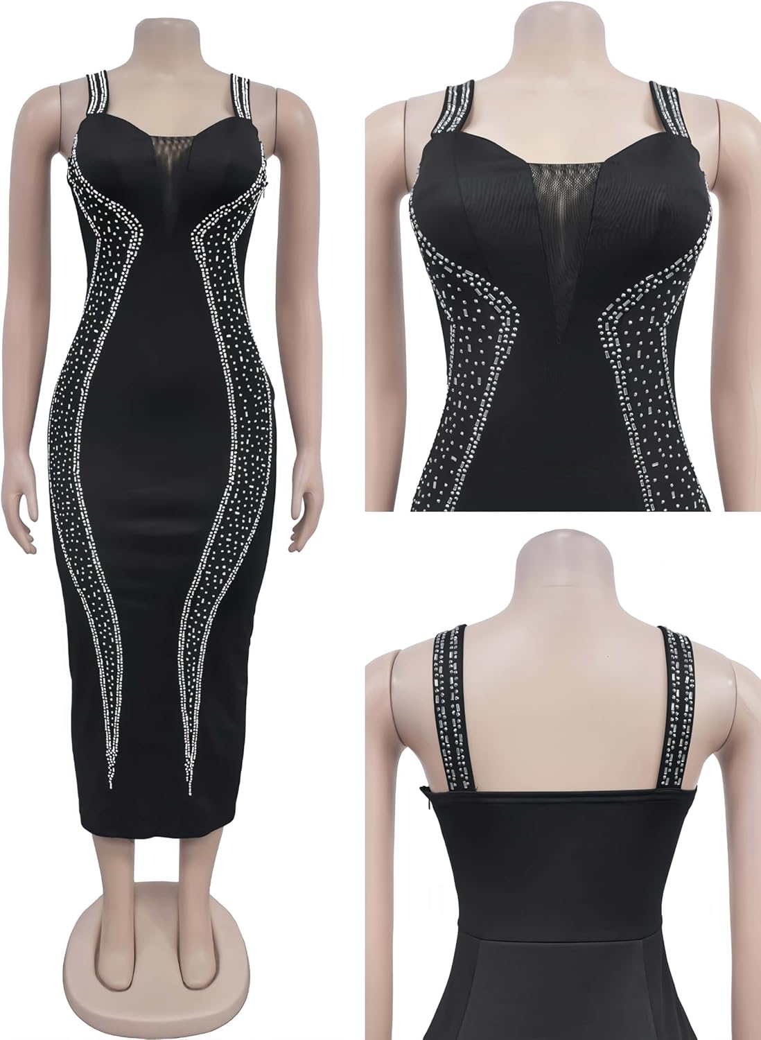 Sequin Rhinestone Bodycon Dress Midi Cocktail Dresses for Women Formal Wedding Guest,Black,S,C7070 - Image 6