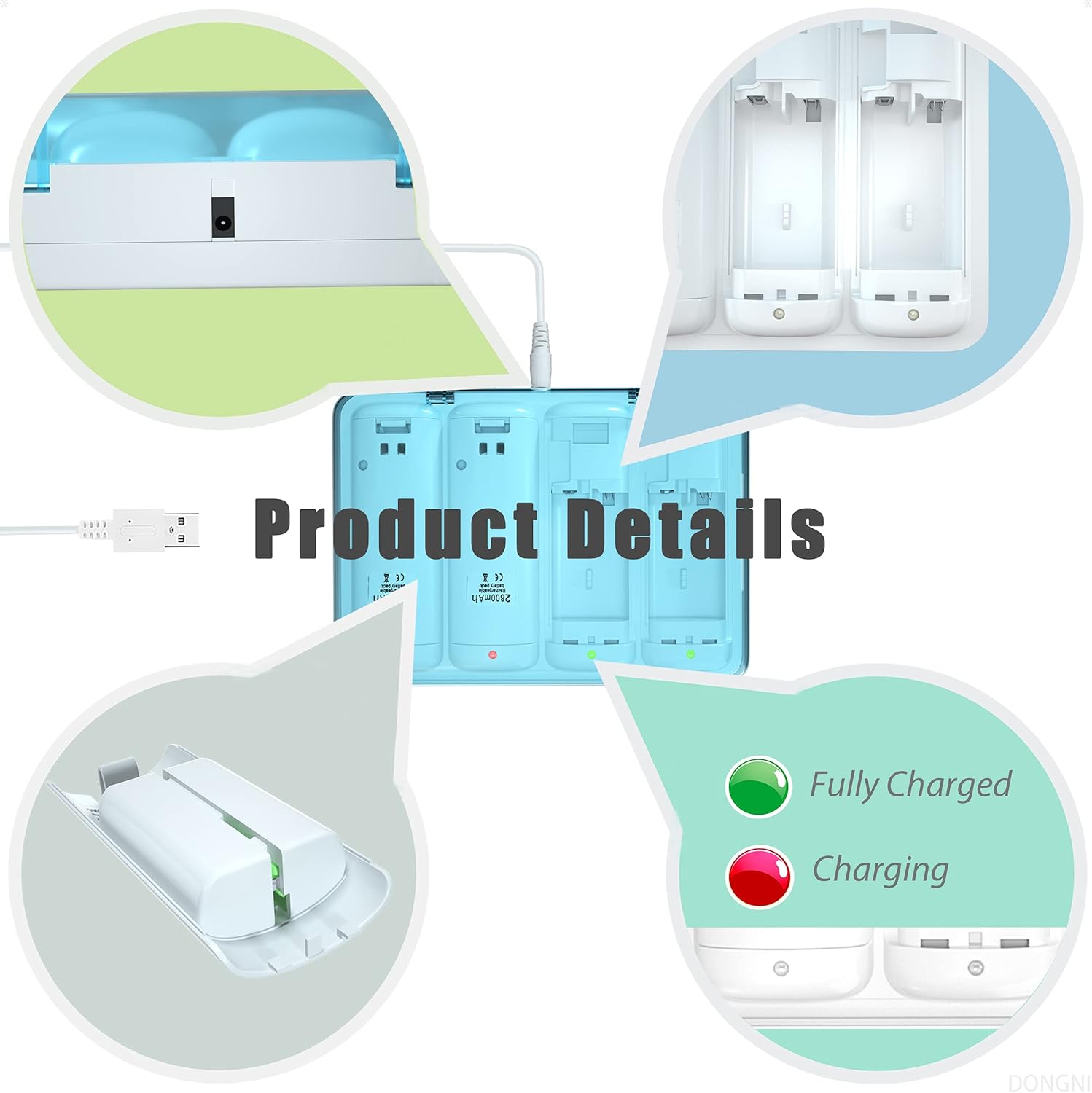 4 Pack Rechargeable Batteries fit for Wii & Wii U Remote Controller, 4-in-1 Battery Charger Station Box for Wii & Wii U Remote Controller Battery, Including USB Cable