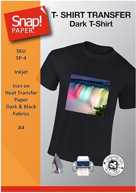 SNAP Inkjet Dark Iron On Heat Transfer T-Shirt Paper for Dark, Black and Coloured Fabrics A4 x 7 Sheets SP-4-7