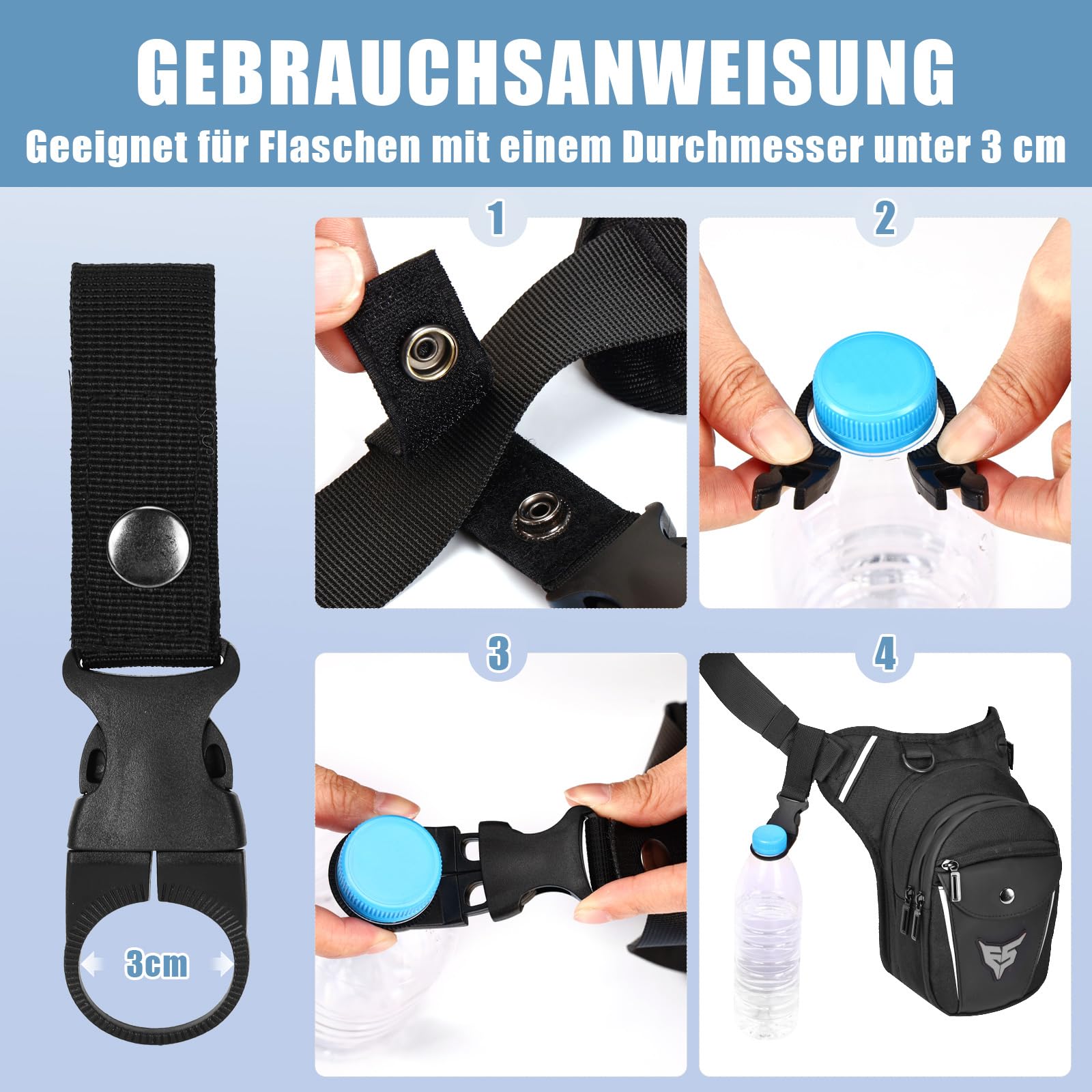 Eshow Beintasche Motorrad für Herren Damen, Oberschenkeltasche Gürteltasche Erweiterbare Stauraum, Bauchtasche mit 1 Flaschenhalter 2 Karabinern Reflexstreifen für Wandern Radfahren Schwarz