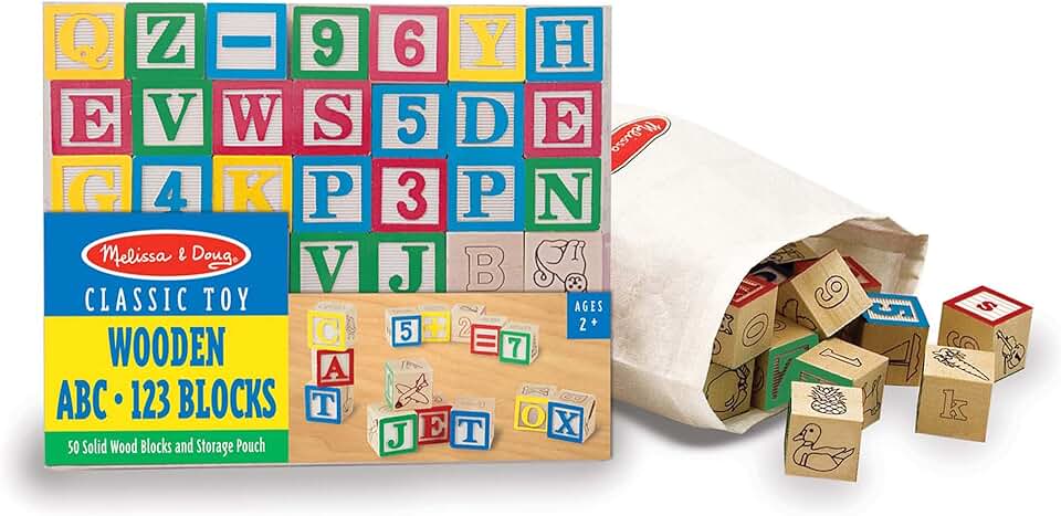 Melissa & Doug Deluxe Wooden ABC/123, 50-Piece Set of Classic Letter & Number Wooden Blocks (1” x 1”) with Storage Pouch, Sorting & Stacking Toys for Kids Ages 2+