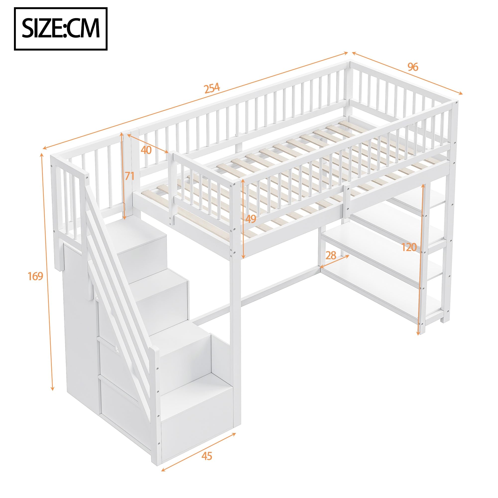 Hochbett 90x200 mit Kleiderschrank, Kinderbett Hochbett mit Treppe und Stauraum, Stockbett, Kinderhochbett, Ohne Matratze, Weiß