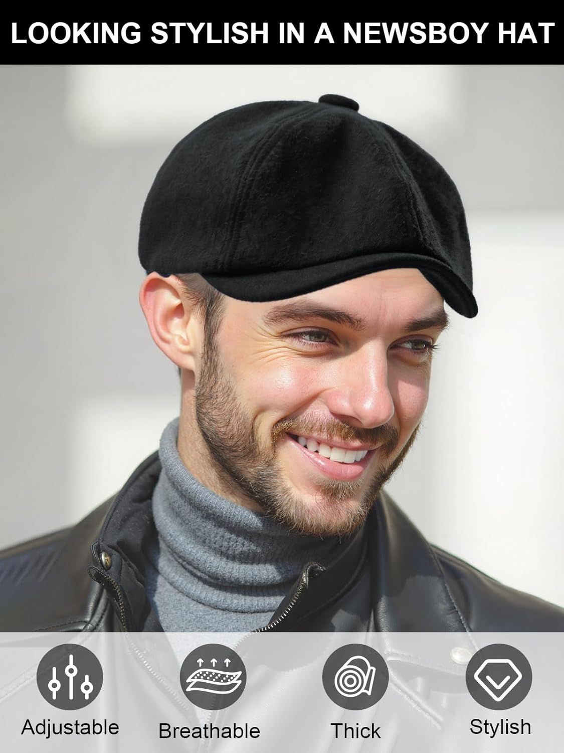 Senker Fashion Newsboy Cap for Men, Irish Newsies Hat Classic 8 Panel Wool Blend for Old Man Cabbie Driving - Image 6