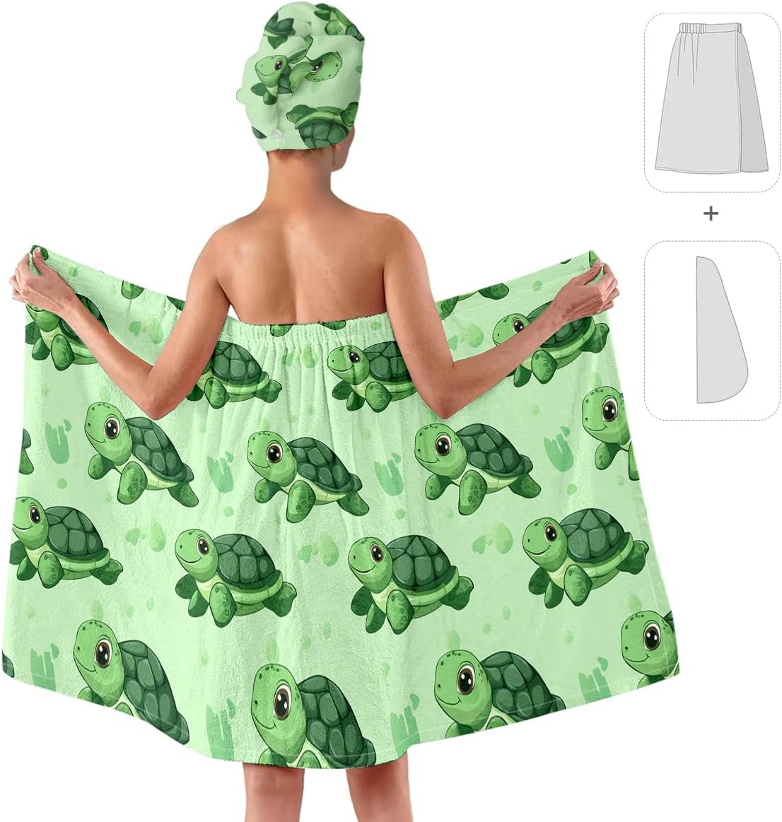 Turtle Bath Wrap Set with Hair Turban, Spa Towel Wrap with Matching Head Wrap, Spa Towel Wrap, Towel Robe for Women (Green) image 2