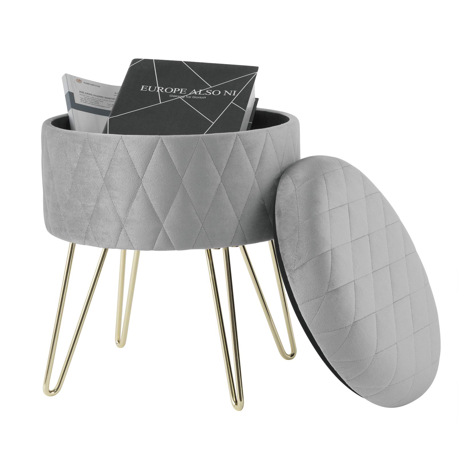 WOLTU Puff Asiento Almacenaje Terciopelo Redondo/Otomana Taburete Sofá Dormitorio Habitacion con Tapa Caja de Almacenamiento 31,5 x35cm Gris Claro