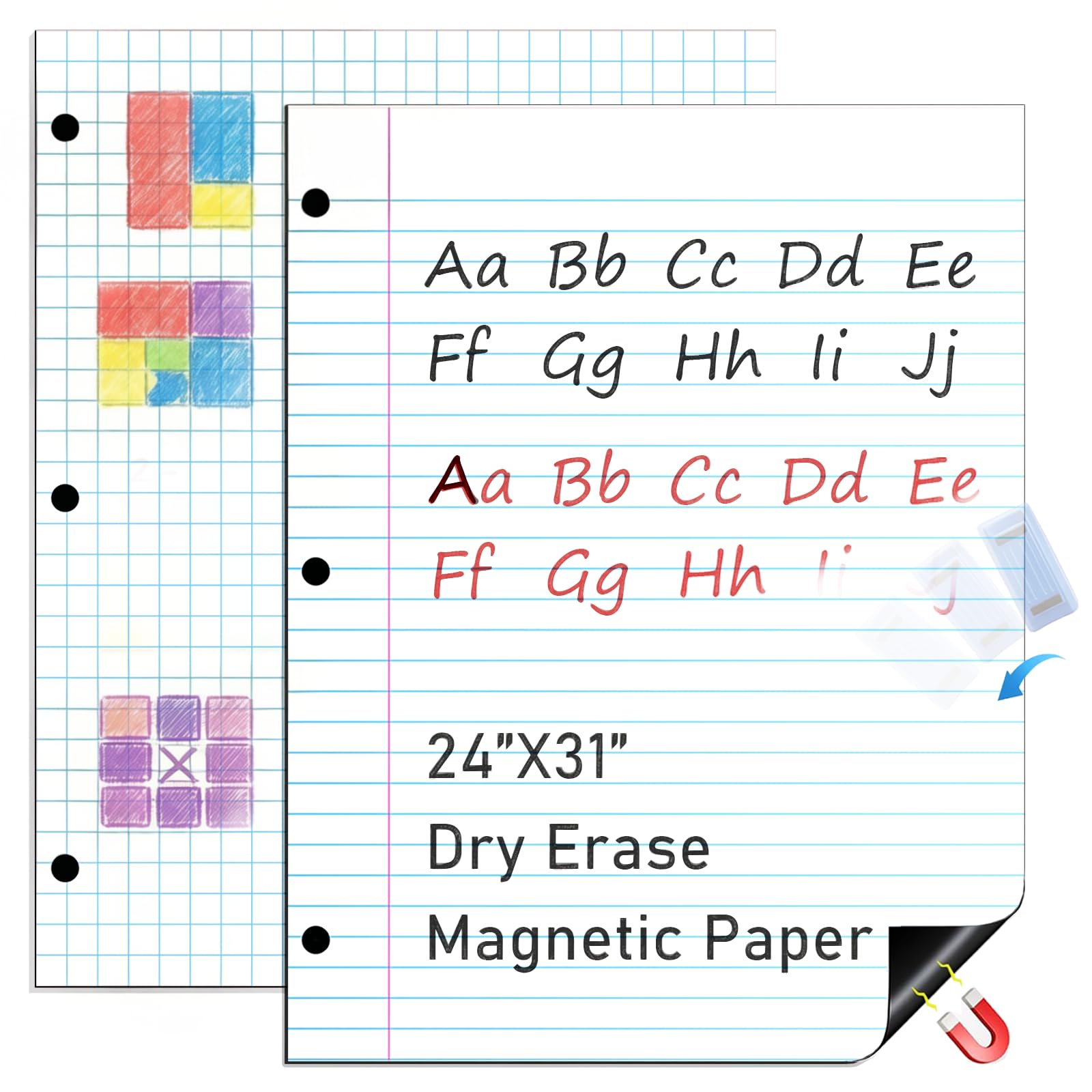 STTMGN 24" x 31" Write & Wipe Giant Magnetic Notebook Lined Paper For Classroom,Must Haves For Teachers,Jumbo Dry Erase Magnetic Grid Page For Graph On Whiteboard(2 Pieces per Pack)