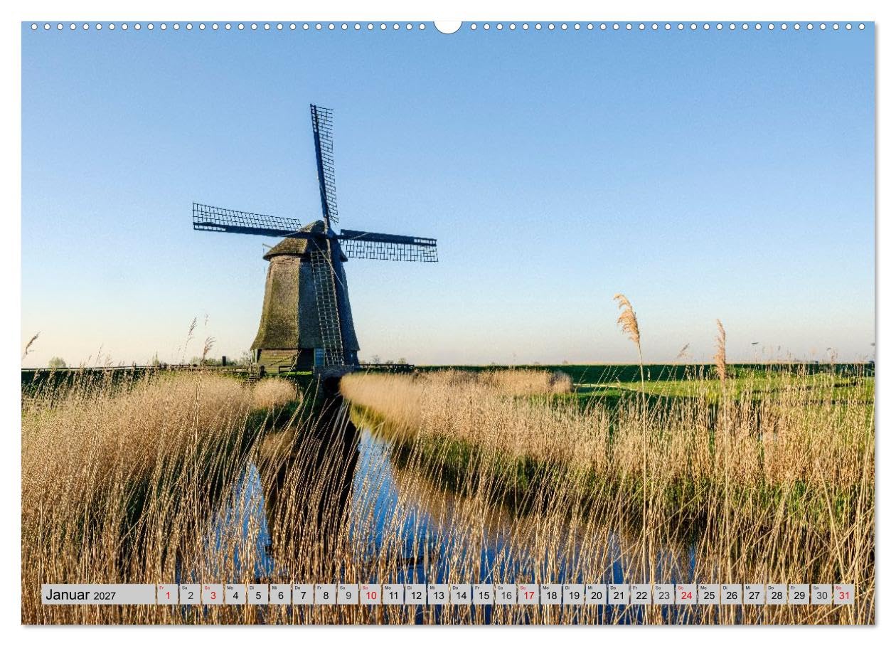 CALVENDO · Im Zauber der Niederlande - Tulpenmeer (Kalender 2027) | DIN A2 Querformat · Wandkalender · Windmühlen · Blütenpracht trifft Mühlenromantik