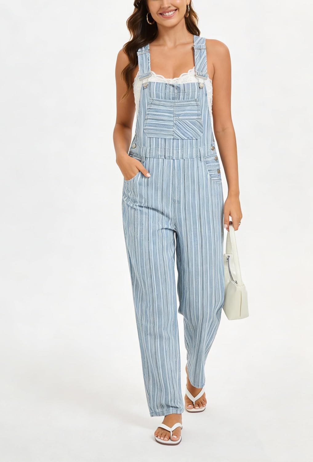 Ladyful Striped Denim Bib Overalls for Womens Loose Fit Wide Leg Denim Jumpsuit Pant Baggy Work Jean Romper