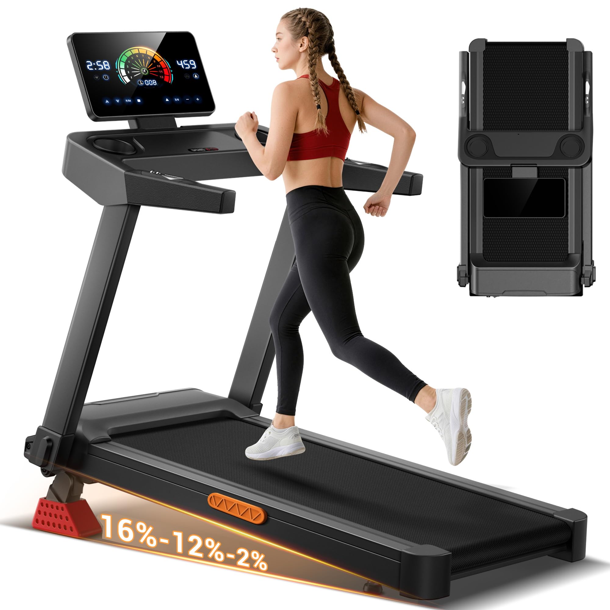 CURSOR Składana bieżnia z nachyleniem 16%, 10-14 km/h bieżnia do domu z monitorem tętna, treadmill for home z silnikiem 3,5 KM i wyświetlaczem LED, maks. obciążenie 180 kg
