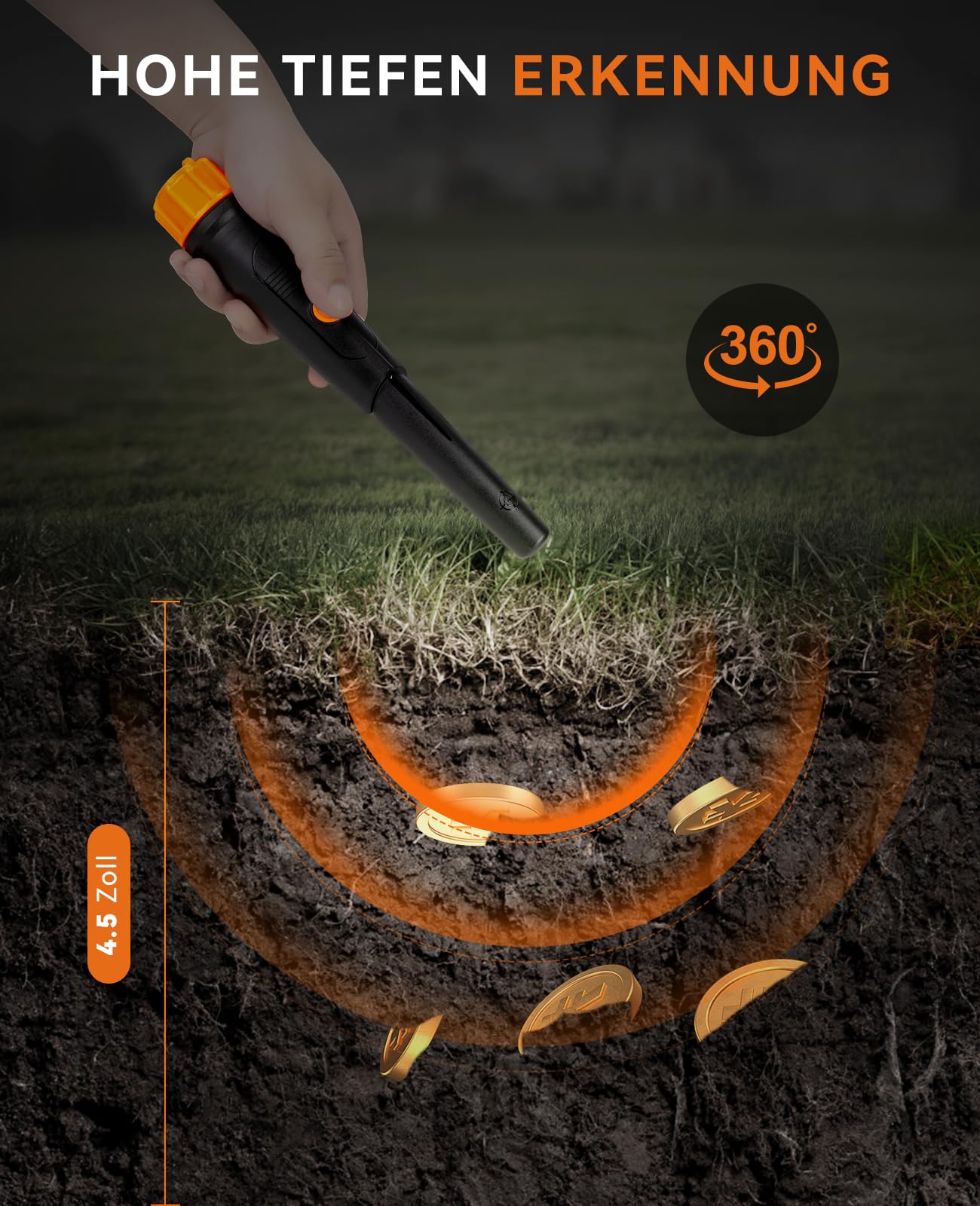 Metalldetektor Pinpointer - SUNPOW IP68 Komplett Wasserdicht 360° Suchen Metallsuchgerät mit Gürtel Holster, Summton Vibration Klang (DREI Modi), 9V Batterie & Samtbeutel Inklusive