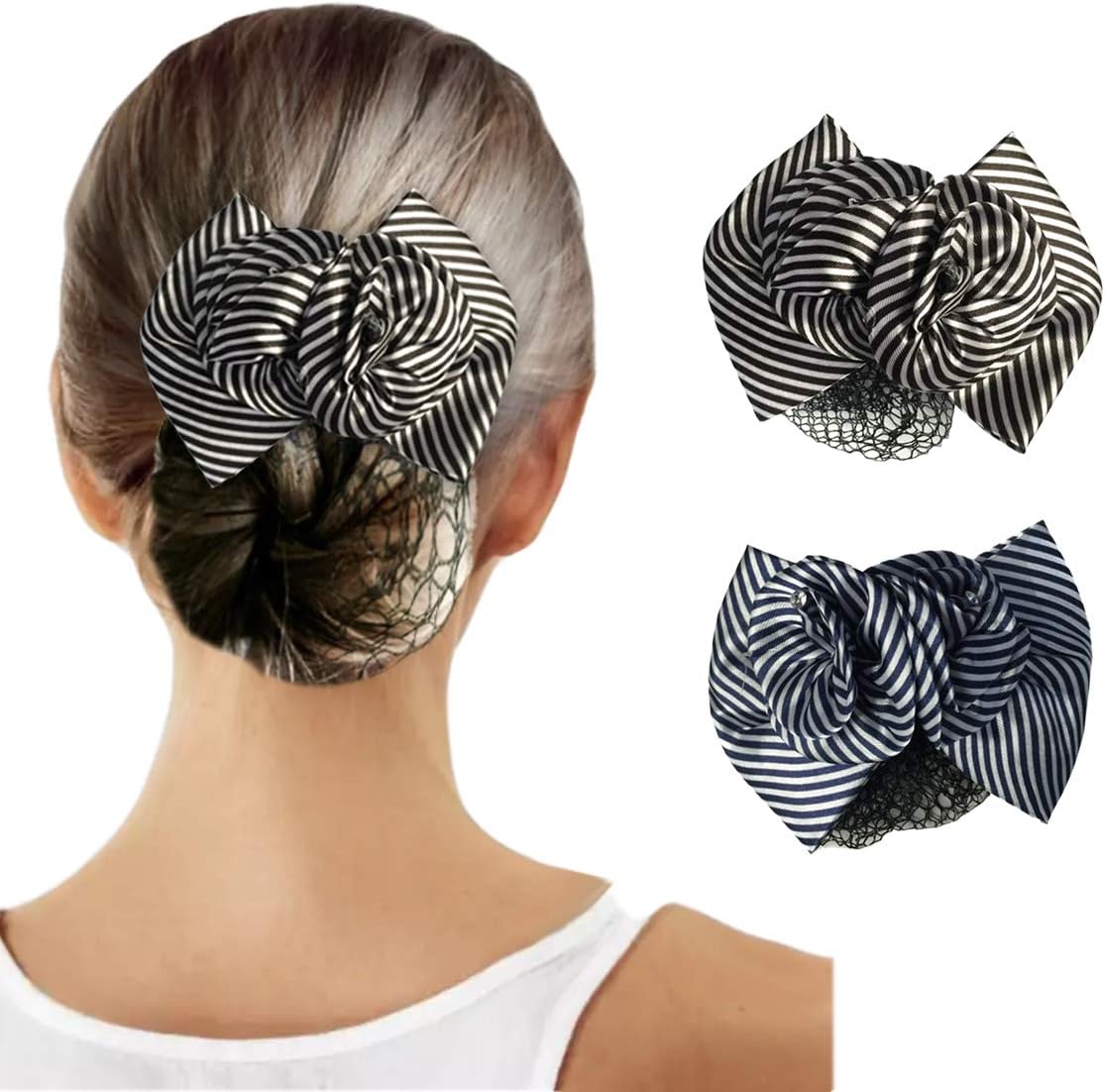 2-pack Women Blue & Brown Striped Flower Bow Hair Bun Cover Net Snood Net Hair Accessories Bun Cover Set