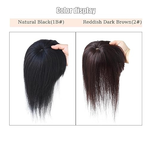 Miniatura 4 de Meiverah Extensiones de cabello humano con clip con flequillo base de seda flecos extensiones de repuesto para cabello liso 12 pulgadas 51 x 51