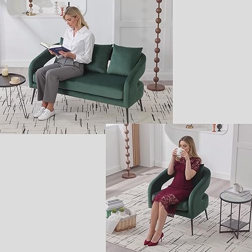 Miniatura 7 de Juego de 1 sofá biplaza pequeño y 2 sillas decorativas, juego de sofá y sillón de 3 piezas para sala de estar, moderno sofá de terciopelo con silla