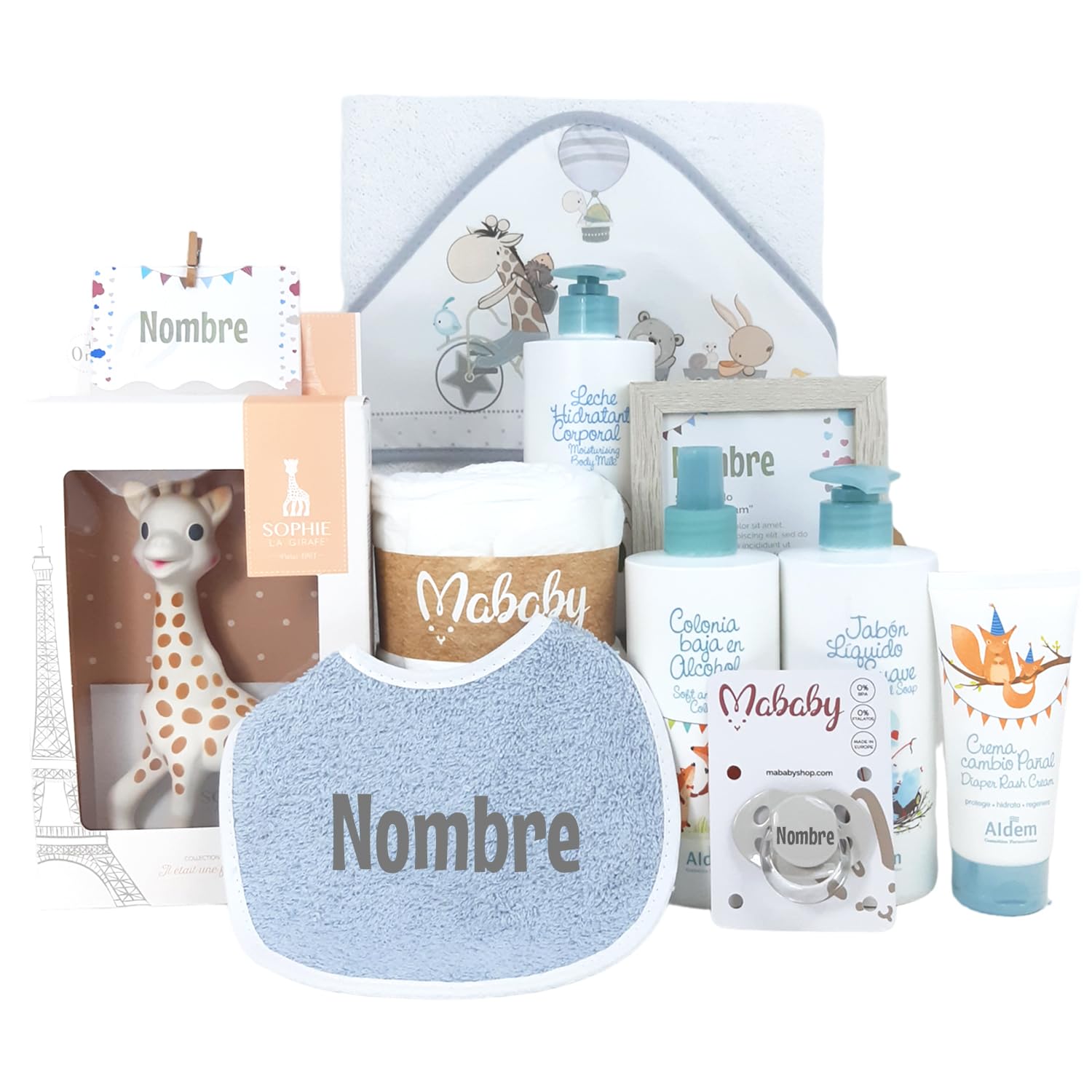Cesta Bebé Recién Nacido Niño Mi Baño Suave (Azul) | Canastilla con Sophie, babero y chupete personalizados con nombre, capa de baño de algodón y set de higiene