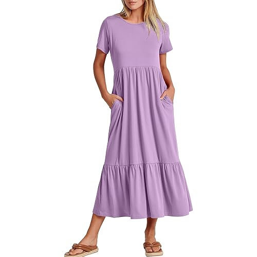 ANRABESS Women Summer Casual Short Sleeve Crewneck Aline Swing Flowy Tiered Shirt Maxi Beach Long Dress 2024 Trendy Outfits