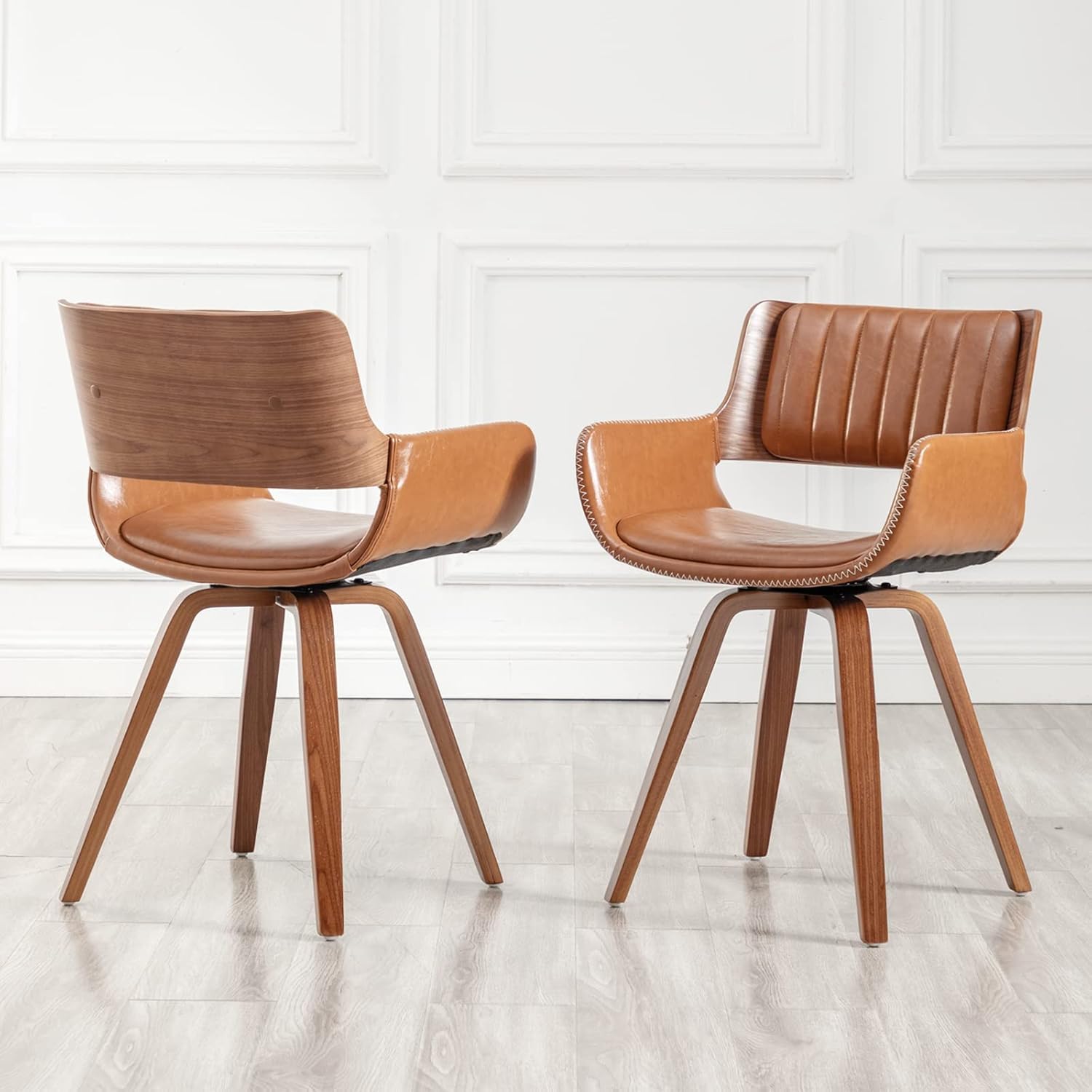 LUNLING Swivel Accent Faux Leather Dining Chairs Set of 2 Mid Century Modern Chairs with Wooden Legs/Armrest/Upholstered Seat/Adjustable Foots for Kitchen Dining Room Desk Chairs(Brown)