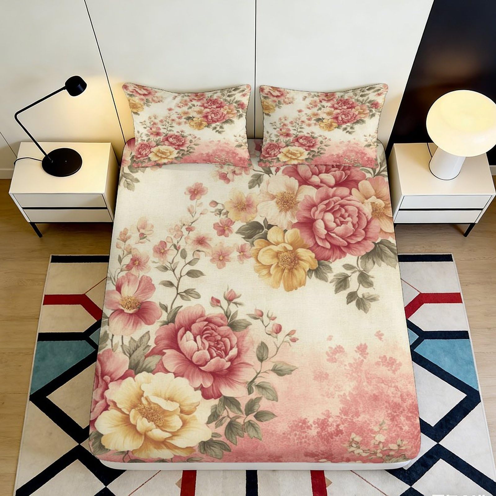 3D Printed Floral Peony Fitted Sheet Microfiber Soft Bedroom Decor Rose Mattress Cover Dust Resistant for Home Dorm 90x200x25cm