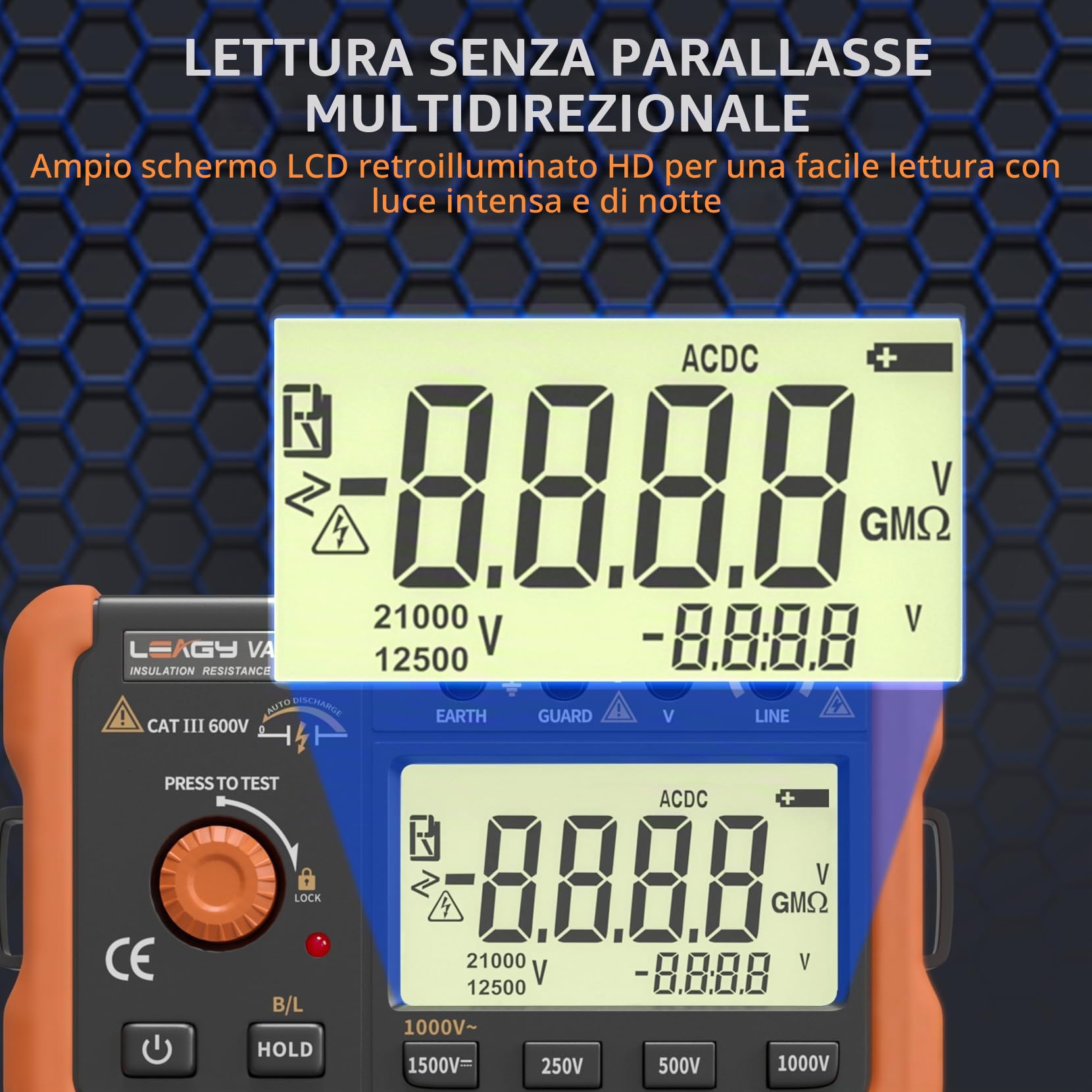 LEAGY VAD78 Tester di resistenza di isolamento digitale - Megohmmetro di precisione per test di tensione DC/AC (20-1500V, 20-750V) e misura della resistenza (0-5000 megaohm)