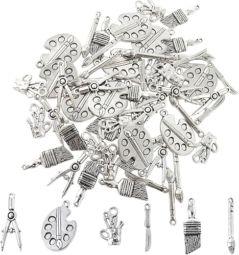 Miniatura 1 de Honbay 60 dijes de pintura de aleación, colgantes, artista, pintor, paleta, cuchillo, brocha, brújulas, colgantes para aretes, pulseras, collares,