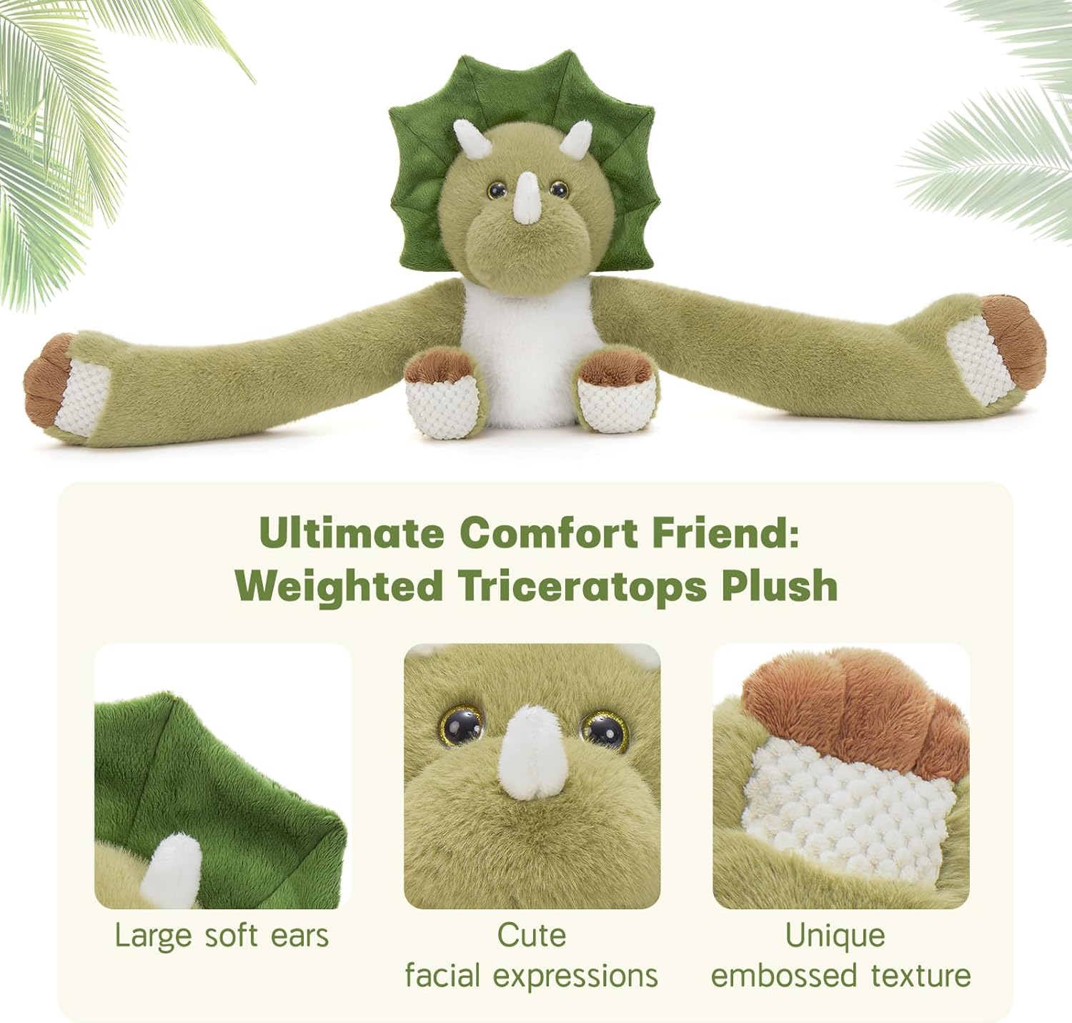 MorisMos Weighted Dinosaur Plush Weighted Dino Stuffed Animals Microwavable Heating Pad Green Triceratops with Long Arms Plush Dino Plushies Stuffed Animal Toy Pillow for Anxiety and Comfort