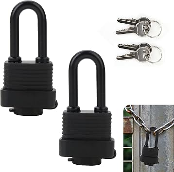Padlocks with Keys Outdoor, 2 Pack 30mm Weatherproof Heavy Duty Long Shackle Pad Locks Laminated Steel with Waterproof Cover Anticut for Shed Garden Garage Gate Fence Marine Yard School Safety